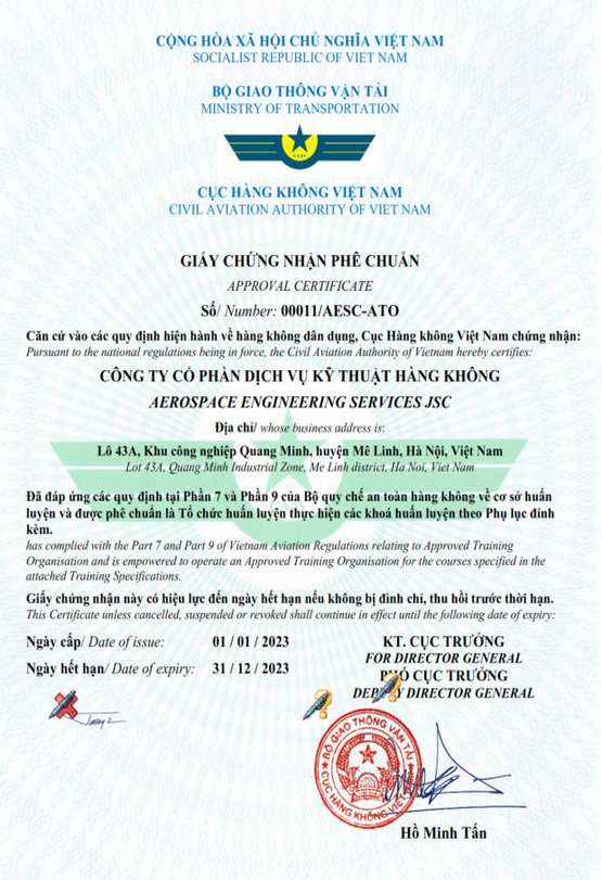 Giấy chứng nhận phê chuẩn tổ chức đào tạo của Cục hàng không Việt Nam